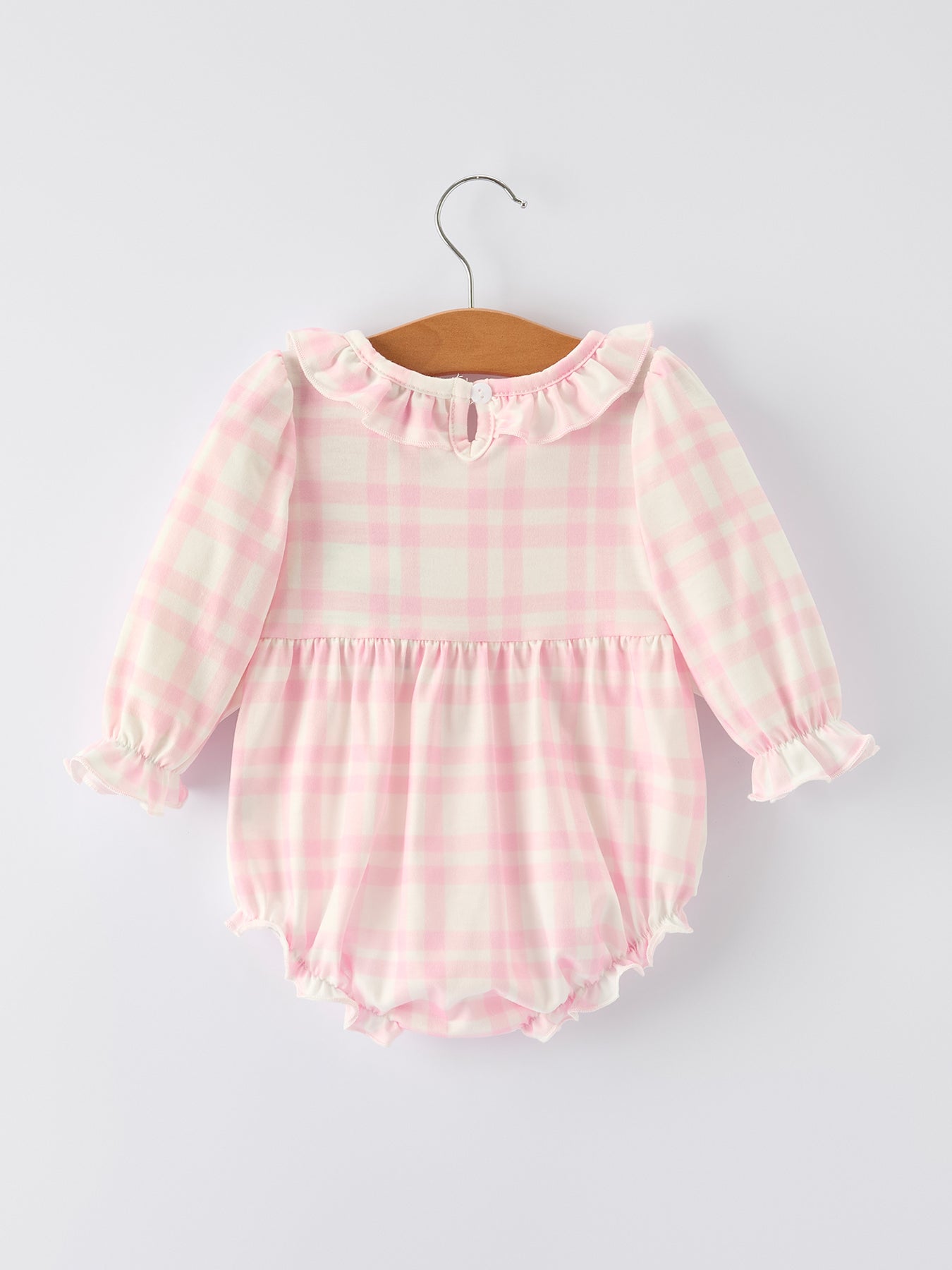 Fall Pink Plaid Ruffle Ballet Shoe Embroidery Long Sleeve Romper