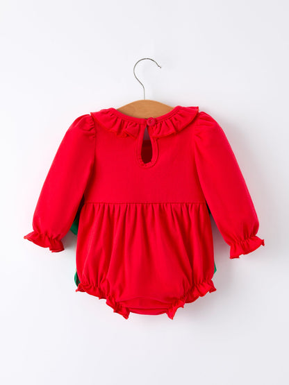 Christmas Smocked Girls Romper with Green Bow and Tree Embroidery