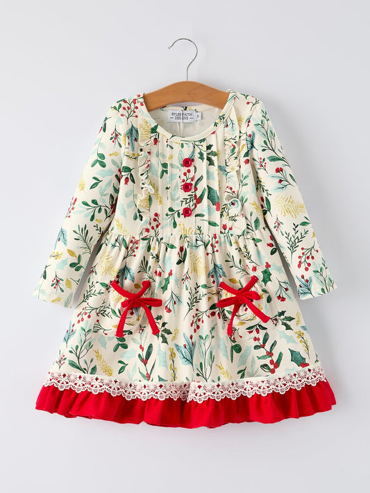 Toddler Girls Christmas Dress – Holiday Floral Print Outfit with Pockets