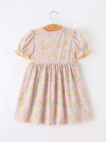 Yellow Bow Smocked Floral Girl Dress