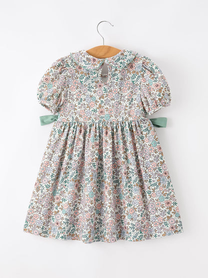 Sage Green Bow Floral Smocked Girl Dress