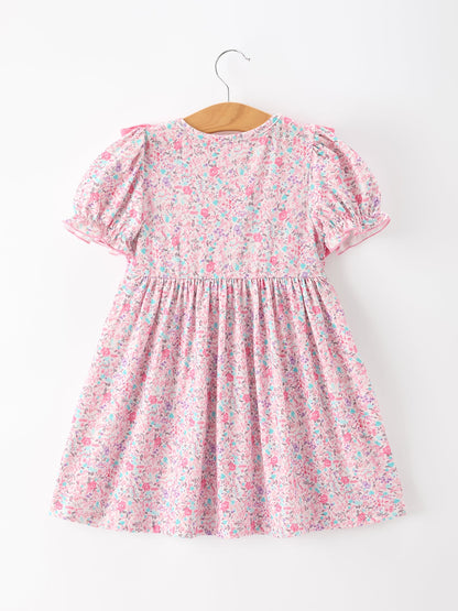 Pink Bow Smocked Floral Girl Dress