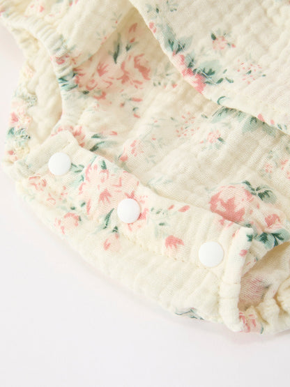 Muslin Summer Floral Print Smocked Baby Girl Romper Set Hat