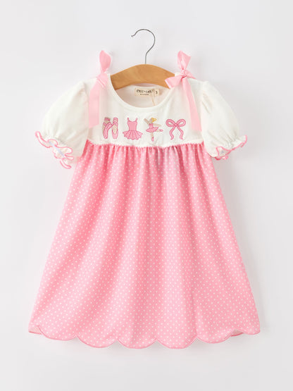 Fall Pink Ballet Embroidery Bow Polka Dot Dress