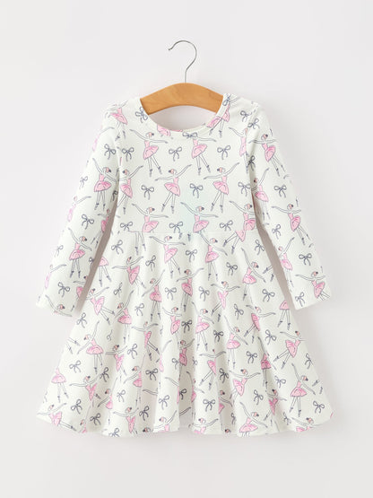 Fall Ballet Bow Girls Long Sleeve Twirl Dress