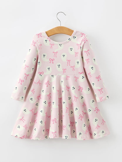 Halloween Ghost Bow Print Girls Long Sleeve Twirl Dress