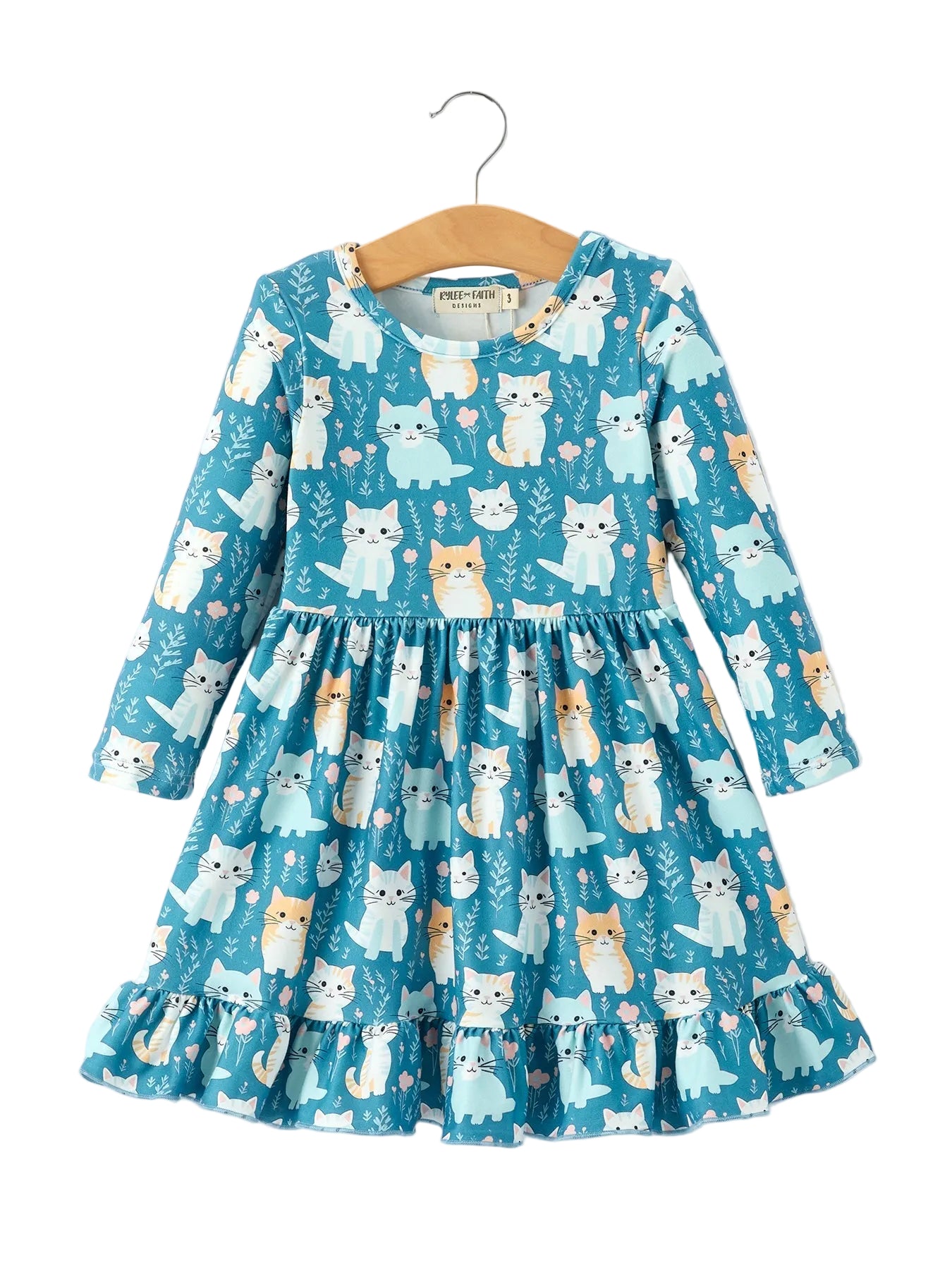 Fall Cat Print Girls Long Sleeve Ruffle Hem Dress