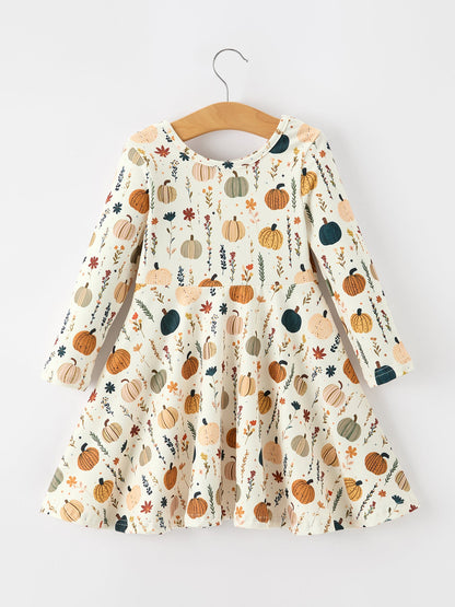 Fall Orange Pumpkin & Leaf Twirl Girls Dress