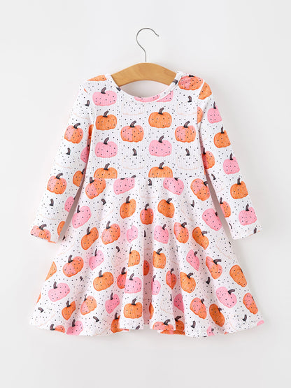 Fall Pumpkin Print Girls Twirl Dress Long Sleeve