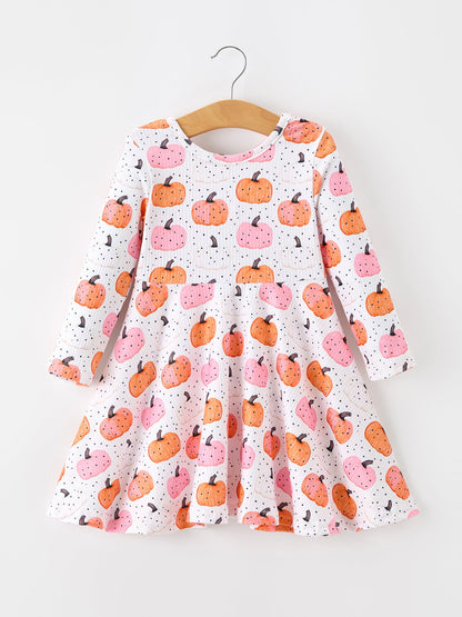 Fall Pumpkin Print Girls Twirl Dress Long Sleeve
