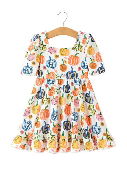 Halloween Pumpkin Print Girls Ruffle Hem Dress