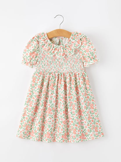 Fall Blush Floral Girls Dress Smocked Petal Collar