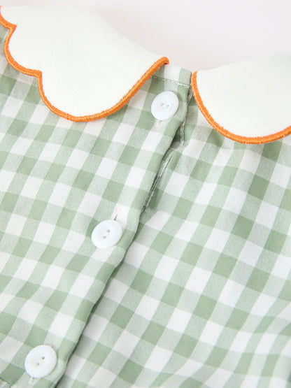 Fall Plaid Girls Dress Pumpkin Bow Smocked Peter Pan Collar