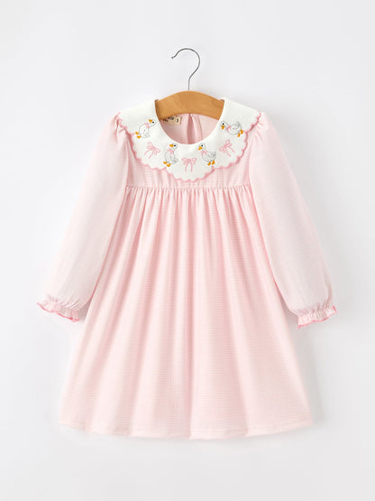 Pink Goose Embroidered Baby Girl Dress Peter Pan Collar Bow Dress