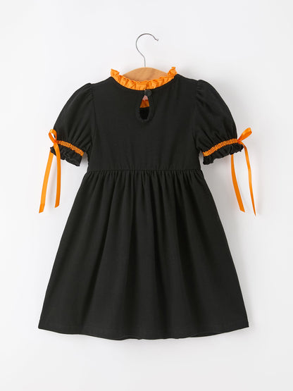 Girls Halloween Dog Pumpkin Embroidered Dress Puff Sleeve