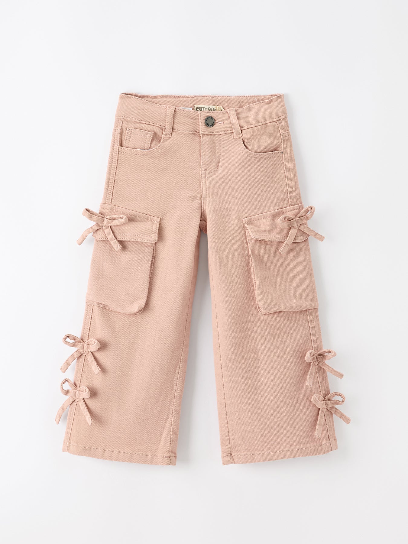 Girls Solid Cargo Leggings Side Bow Pocket Wide Leg Pants