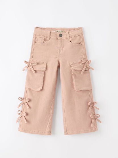 Girls Solid Cargo Leggings Side Bow Pocket Wide Leg Pants