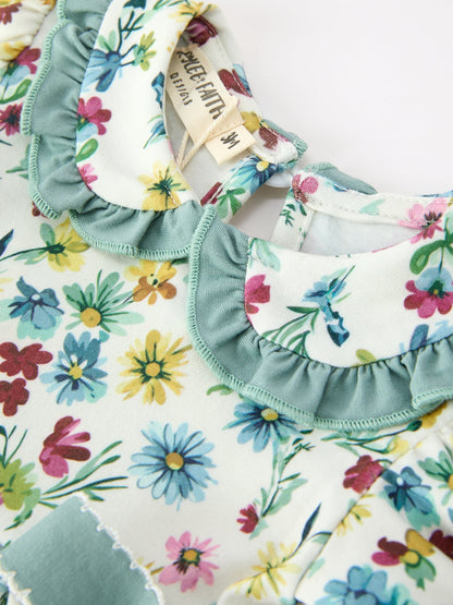 Green Floral Girls Outfit Set Ruffle Collar Bow Baby Bloomer Set