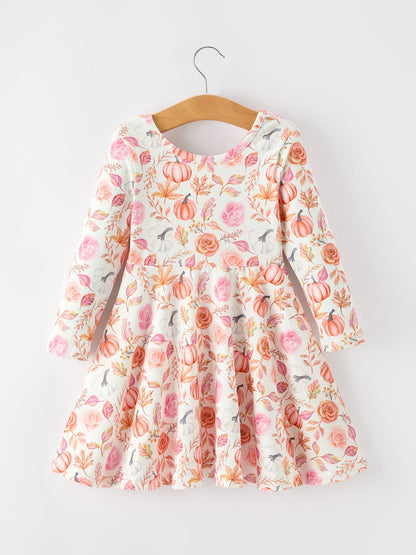 Thanksgiving Pumpkin Floral Girls Twirl Dress