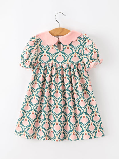 Fall Geometric Floral Girls Dress Petals Collar Smocked