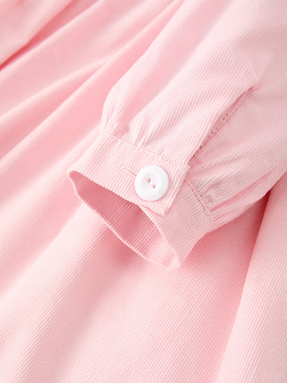 Fall Pink Smocked Girls Dress Peter Pan Collar Long Sleeve Floral Detail