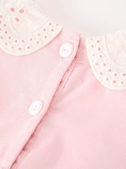 Fall Pink Smocked Girls Dress Peter Pan Collar Long Sleeve Floral Detail