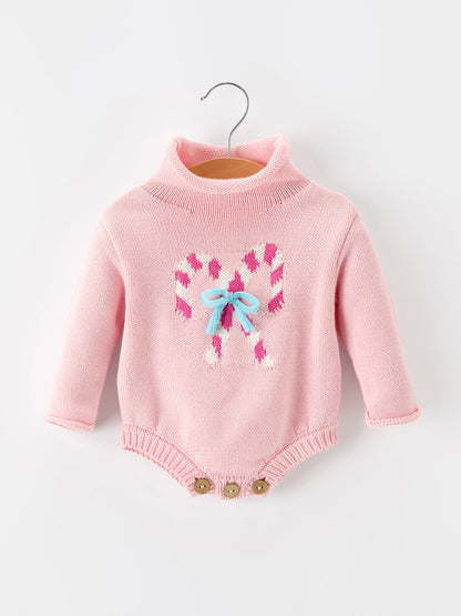 Christmas Candy Cane Bow Knit Baby Girls Romper