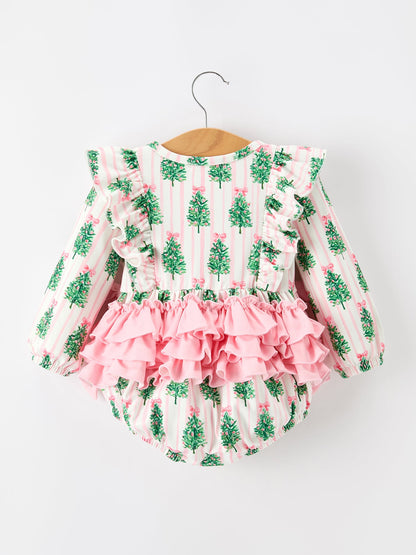 Christmas Tree Print Ruffle Bow Baby Girl Bubble Romper