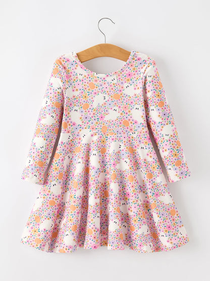 Halloween Ghost Print Girls Twirl Dress Long Sleeve