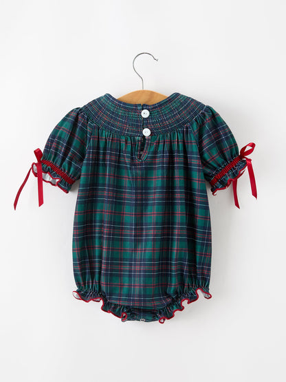 Girls Christmas Plaid Smocked Bubble Romper