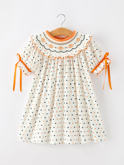 Halloween Pumpkin Smocked Girls Dress Polka Dot Ruffle Sleeve