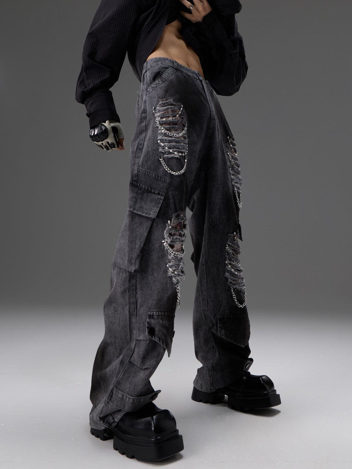Retro Distressed Denim Jeans With Pearl And Metal Hardware Work Pants