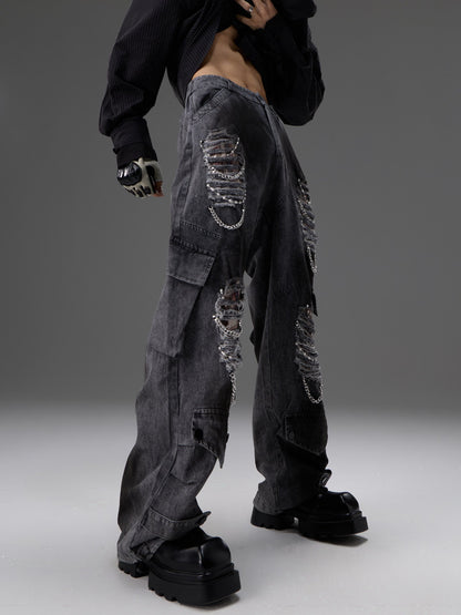 Retro Distressed Denim Jeans With Pearl And Metal Hardware Work Pants