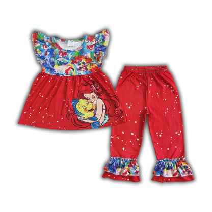 Flutter sleeve cute shirt red ruffle pants princess girls boutique clothing