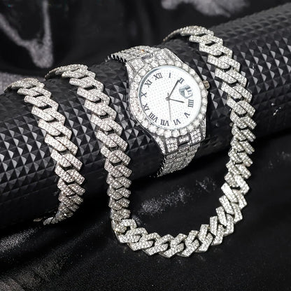 Hip-hop Watch Bracelet And Necklace Set