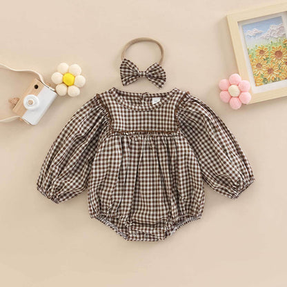 Simple Plaid-Print Long-Sleeve Outfit For Infants And Toddlers