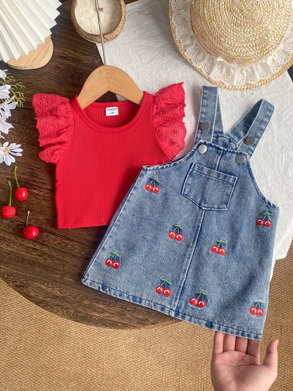 Baby Girl T-Shirt Denim Embroidered Suspender Dress Set