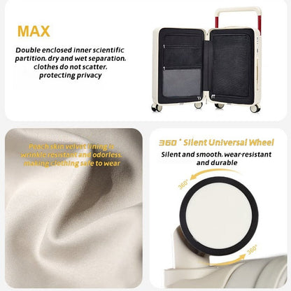 Wide Pull Rod Design Luggage Compartment, Front Open Lid, Stylish Large Capacity Luggage With Foldable Cup Holder And USB Interface