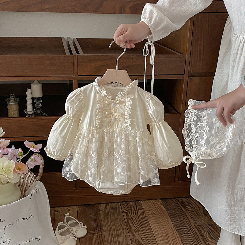 Sweet Baby Clothes Bodysuit, Pinafore Dress, Long-sleeve Soft Lace Romper, And Hat