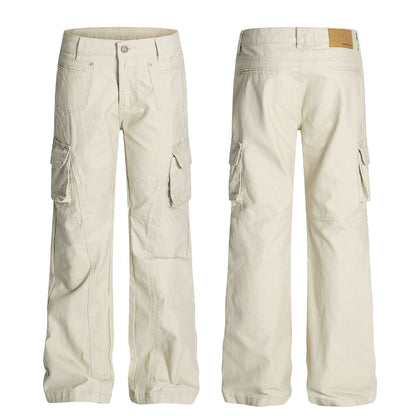 Retro Unisex Solid-Color Multi-Pocket Loose Flare-Bootcut Workwear Casual Pants