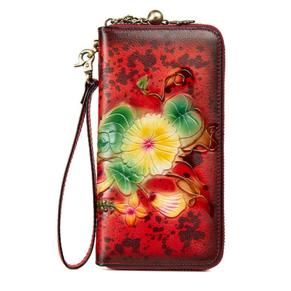 Genuine Leather Long Wallet Bag Hand-Painted Finish Zipper Closure Full-Grain Cowhide Clutch