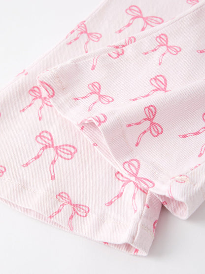 Fall Girls Pink Bow Print Elastic Flared Jeans Denim pant