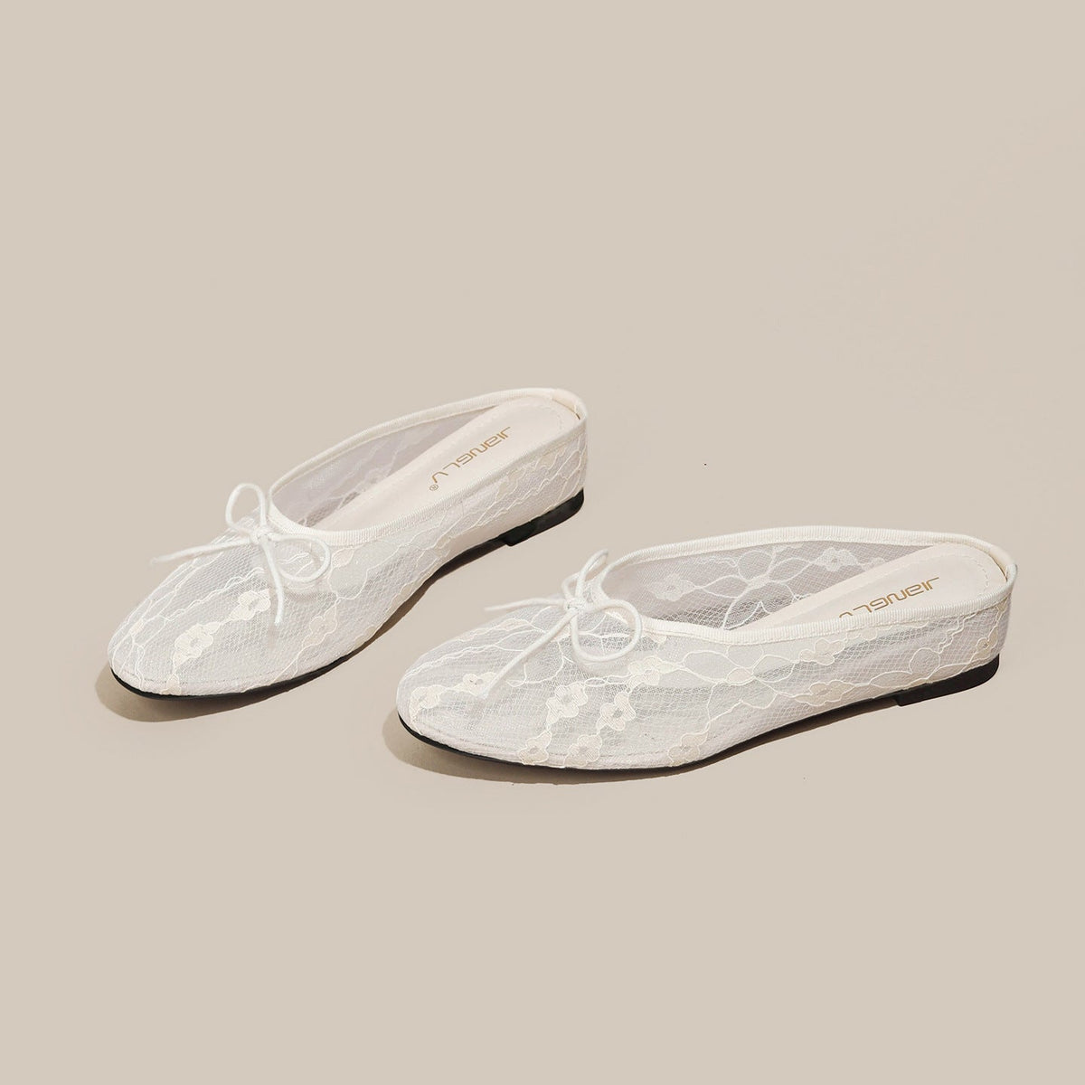 4cm Hidden-Heel Bow-Knot Lace Fishnet Breathable Hollowed-Out Closed-Toe Half Slippers