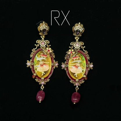 Enamel Pattern Design Vintage Earrings With Diamond Inlay