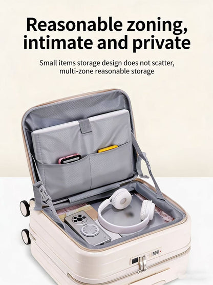 Front Opening Luggage Compartment With Front Open Tray And 20 Inch Cabin, Expandable Folding Cup Holder, Hidden Phone Holder, Dual USB Chargers. Travel Carrier