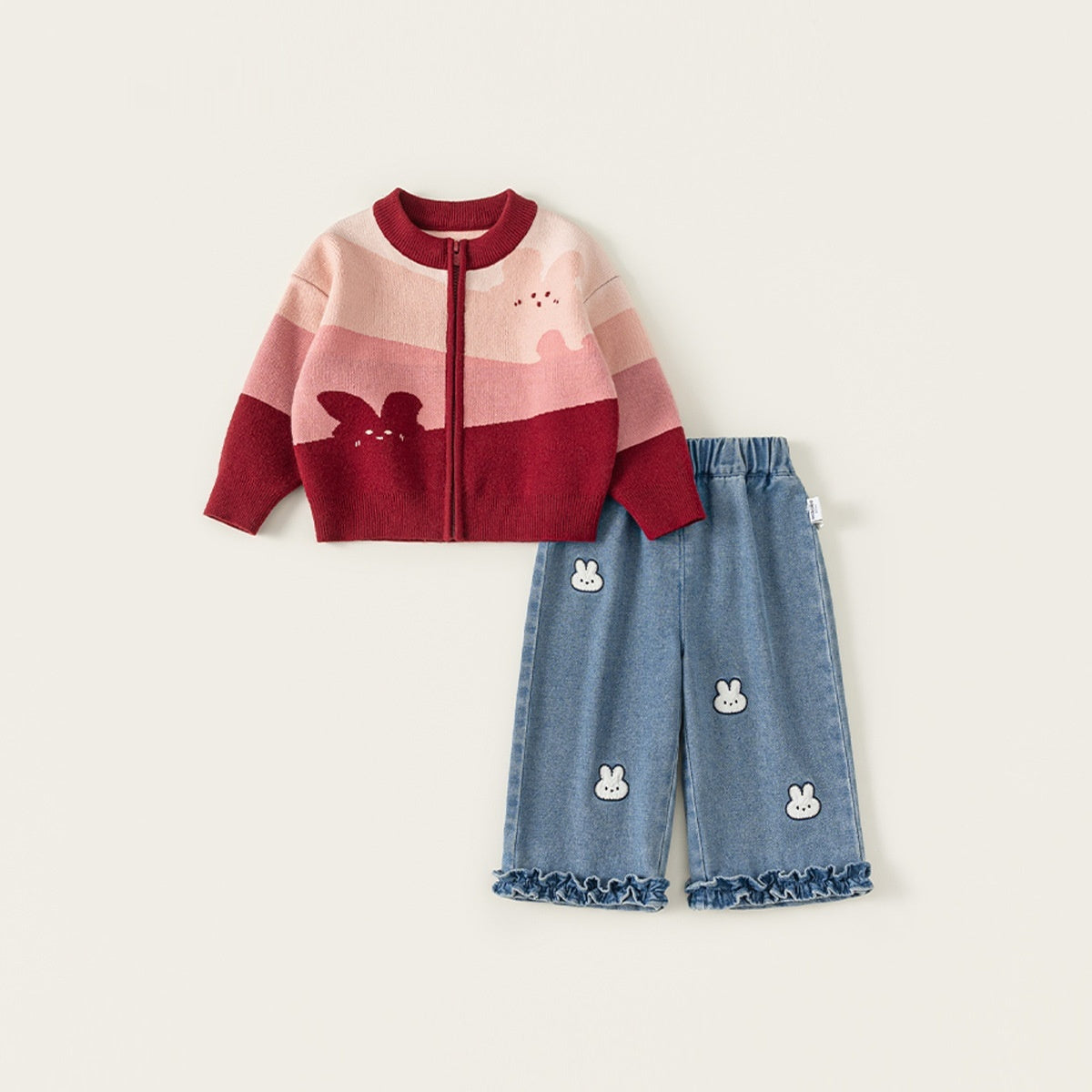 Cartoon Girls Sweater Jeans Set Acrylic Knitted