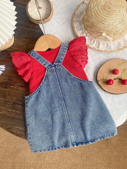 Baby Girl T-Shirt Denim Embroidered Suspender Dress Set