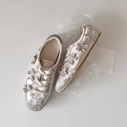 French Velvet Sweet Casual Shoes, Lace Round Toe Flats Sneakers