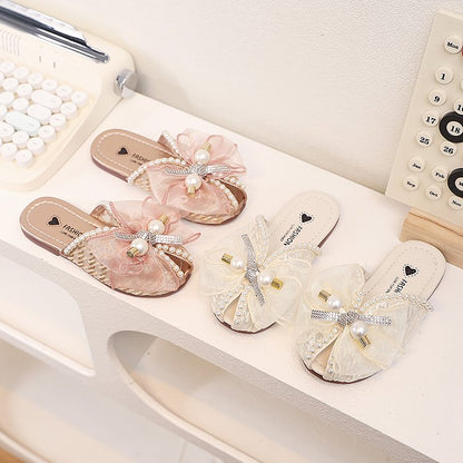 Girls' Children's Slippers Summer Style Fish Mouth Outdoor Half Drag Sandals Fashionable Middle-aged Children's Bow One Line Cool Drag