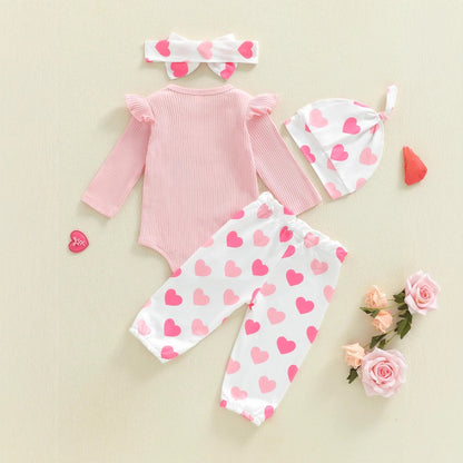 Long-sleeved Onesie With Long Pants Hat Hairband, Four-piece Set